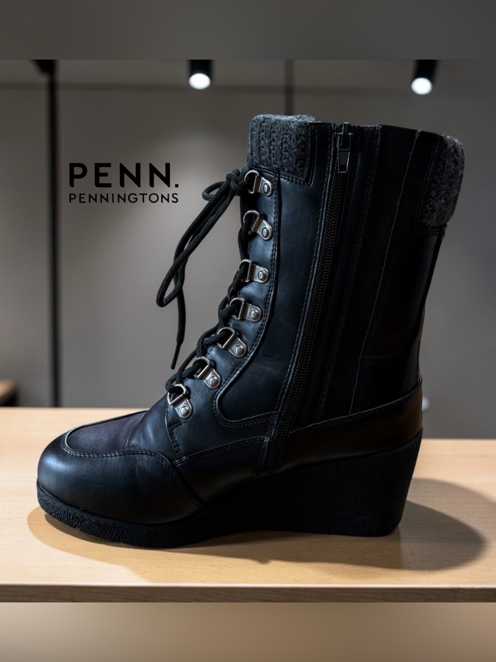 PENN. Penningtons, Black Wedge Lace-Up Ankle Boots, Size 7WW Wide Width